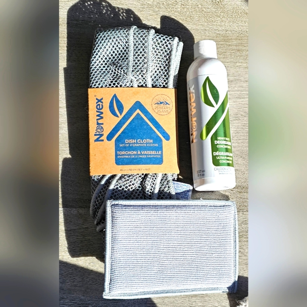 Norwex Netted Dish Cloth (2), Heavy Duty Degreaser and Sponge